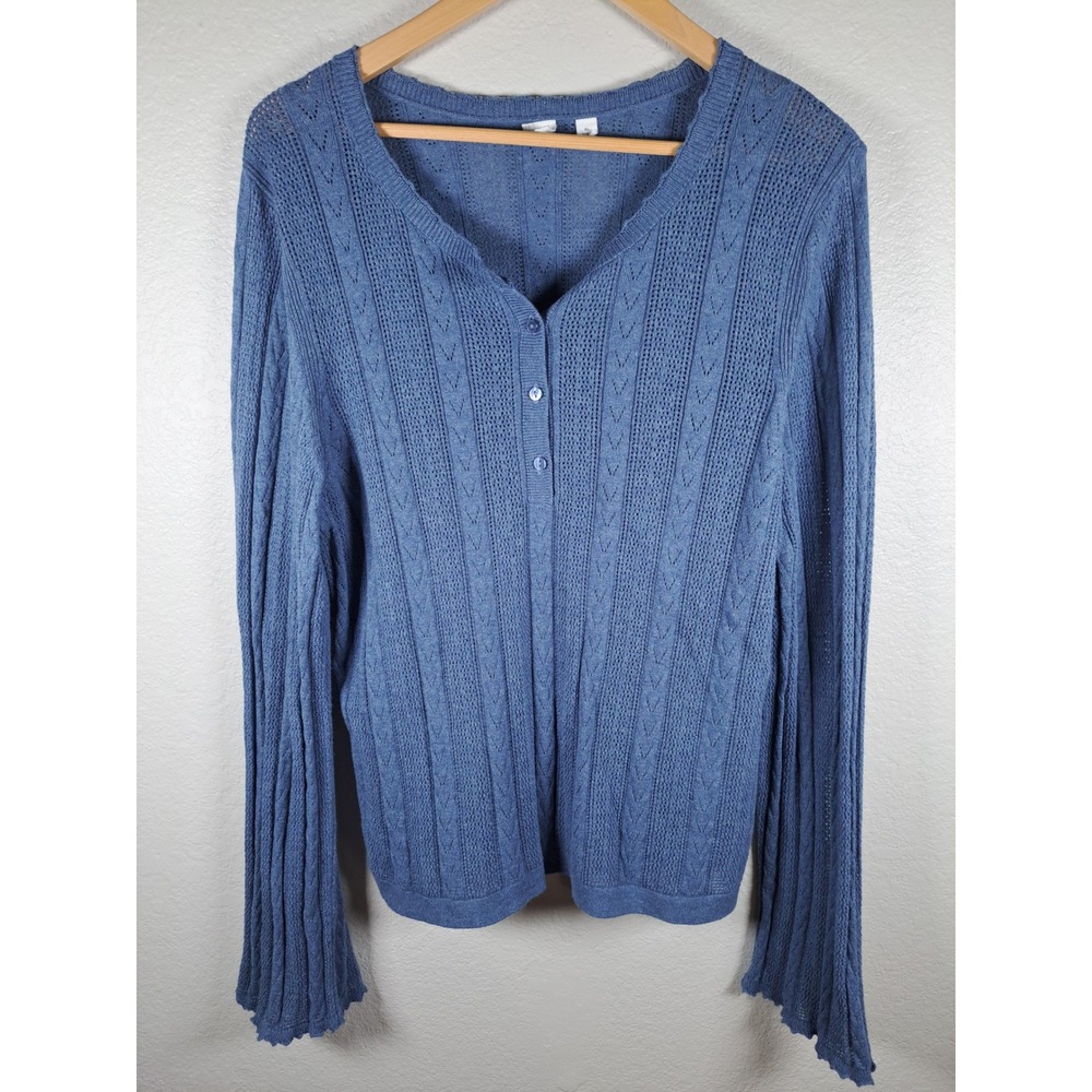 Gap Blue Pointelle Knit Henley Cardigan Sweater Long Sleeve Cotton Blend XL